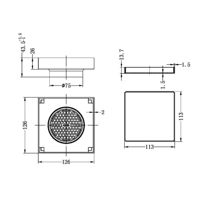 Technical Drawing Nero 130mm Square Tile Insert Floor Waste 80mm Outlet Brushed Bronze NRFW007BZ - The Blue Space