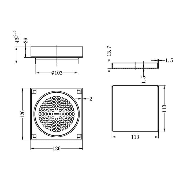 Technical Drawing Nero 130mm Square Tile Insert Floor Waste 100mm Outlet Brushed Gold NRFW008BG - The Blue Space