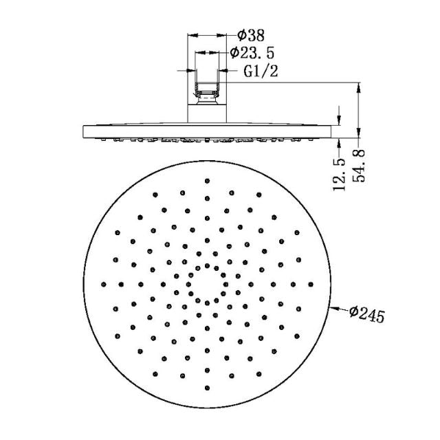 Technical Drawing Nero 250mm ABS Round Shower Head Brushed Nickel NR508088BN - The Blue Space