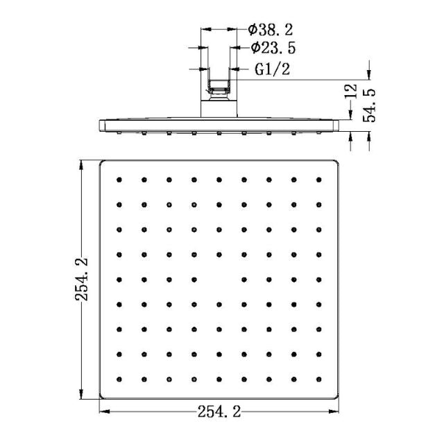 Technical Drawing Nero 250mm ABS Square Shower Head Brushed Nickel NR508089BN - The Blue Space