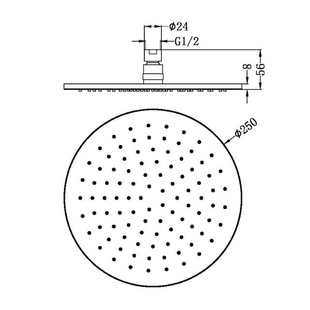 Technical Drawing Nero 250mm Round Shower Head Matte Black NRROA1001MB - The Blue Space