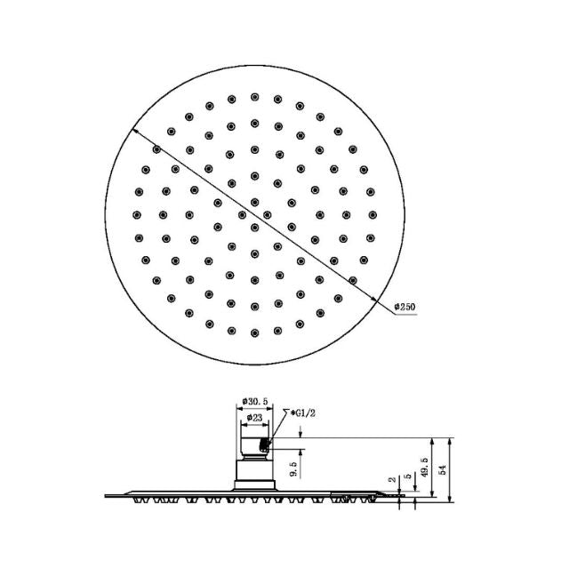 Technical Drawing Nero 250mm Round Stainless Steel Shower Head 4 Star Rating Matte Black NR507036MB - The Blue Space