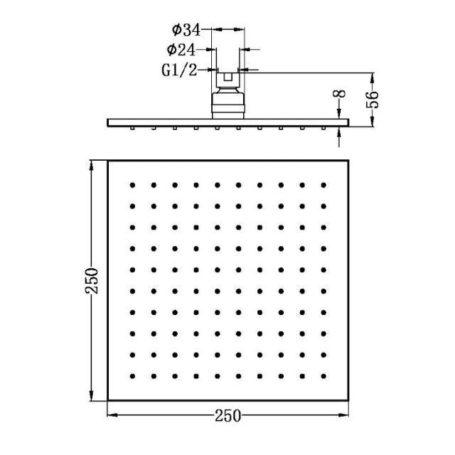 Technical Drawing Nero 250mm Square Shower Head Chrome NRROB1003CH - The Blue Space