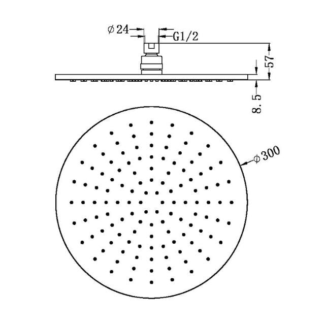 Technical Drawing Nero 300mm Round Shower Head Brushed Bronze NRROA1202BZ - The Blue Space