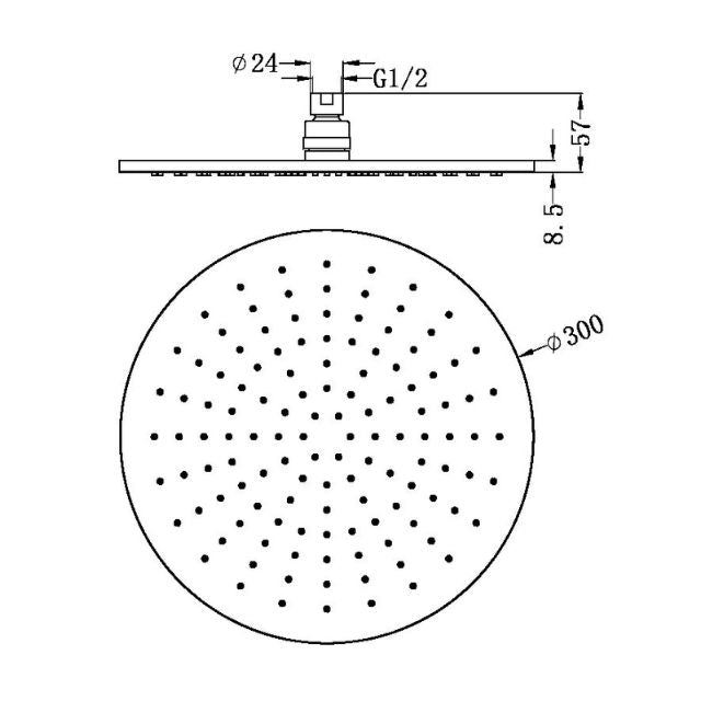 Technical Drawing Nero 300mm Round Shower Head Matte White NRROA1202MW - The Blue Space