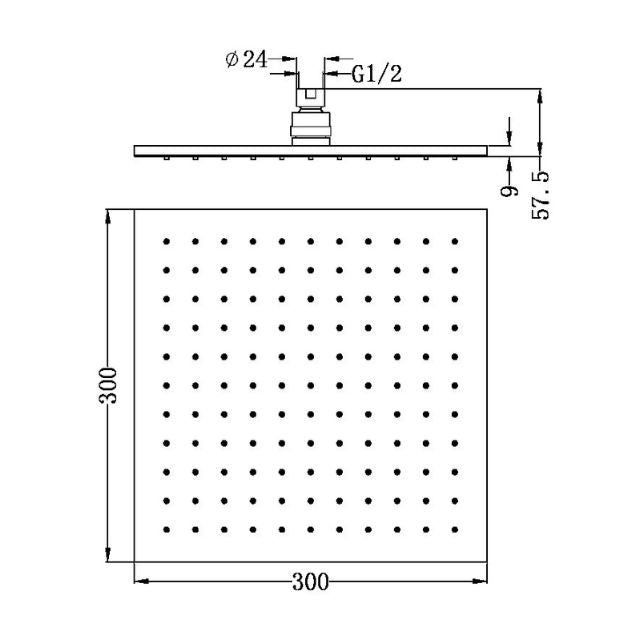 Technical Drawing Nero 300mm Square Shower Head Chrome NRROB1202CH - The Blue Space