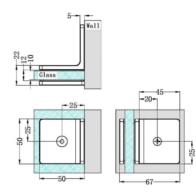 Technical Drawing Nero 90 Degree Glass to Wall Bracket 10mm Glass Brushed Nickel NRSH204aBN - The Blue Space