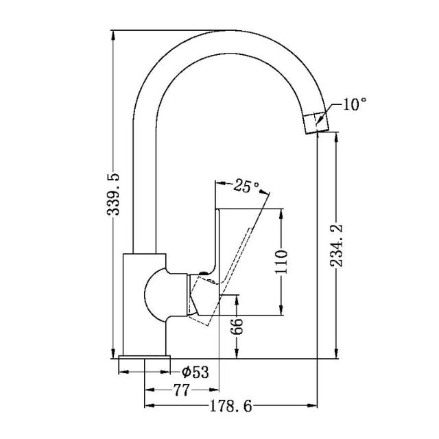 Technical Drawing Nero Bianca Kitchen Mixer Gooseneck Spout Brushed Gold NR321506BG - The Blue Space