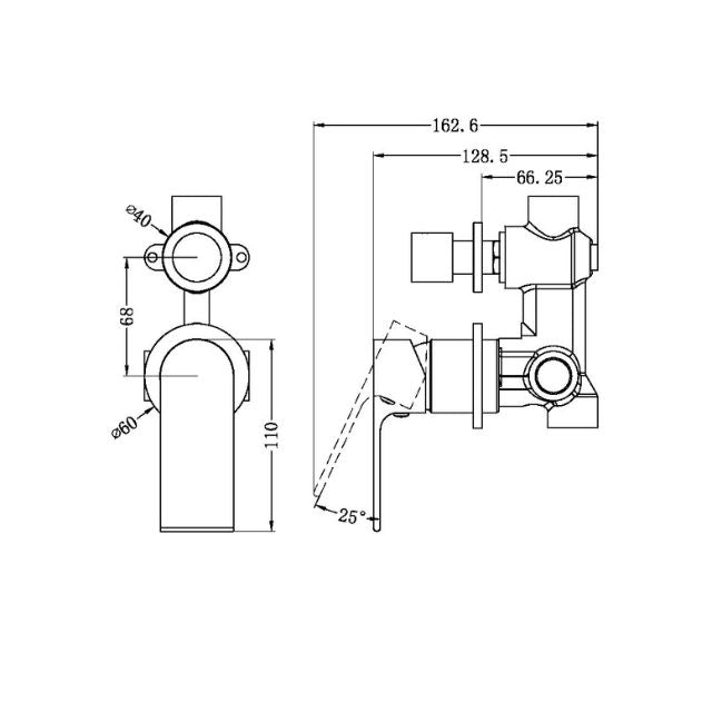 Technical Drawing Nero Bianca Shower Mixer With Diverter Separate Back Plate Gun Metal NR321511GGM - The Blue Space
