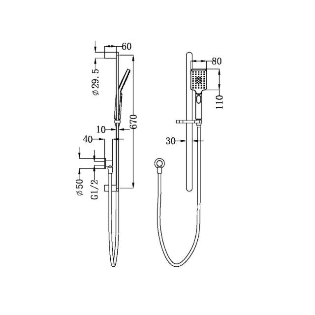 Technical Drawing Nero Bianca Shower Rail Brushed Gold NR30803BG - The Blue Space