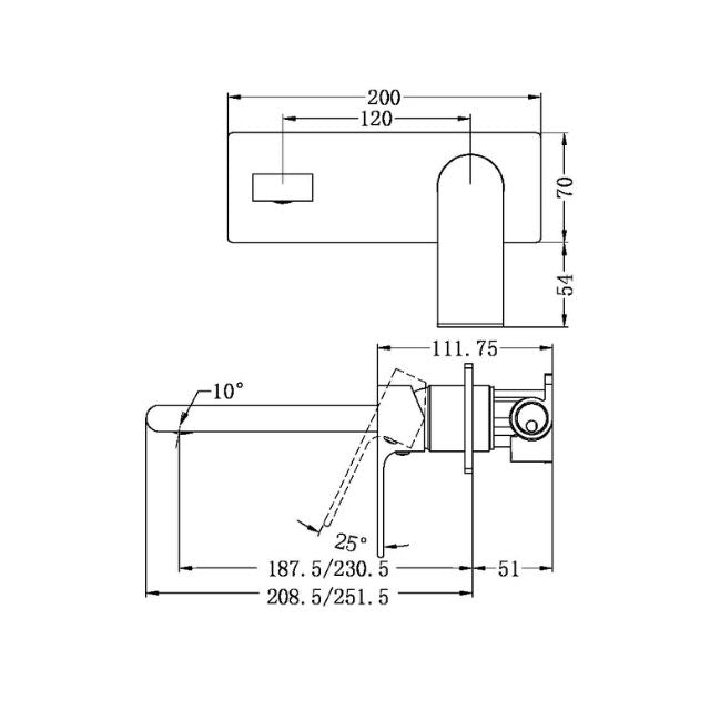 Technical Drawing Nero Bianca Wall Basin/Bath Mixer 230mm Brushed Nickel NR321510BBN - The Blue Space