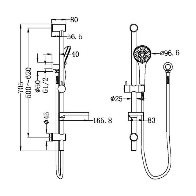 Technical Drawing Nero Builder Budget Shower Rail Chrome NR315CH - The Blue Space