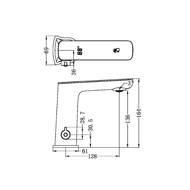 Technical Drawing Nero Claudia Sensor Mixer With Black Top Display Brushed Gold NR222101BG - The Blue Space