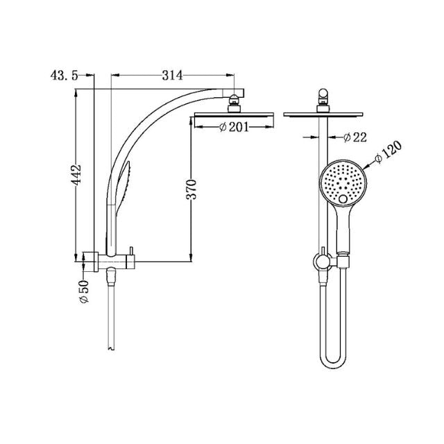 Technical Drawing Nero Dolce 2 in 1 Twin Shower Matte Black NR280705fMB - The Blue Space