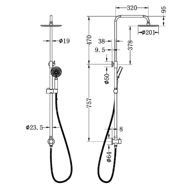 Technical Drawing Nero Dolce Round Twin Shower Set Bottom Inlet Chrome NR280705cbCH - The Blue Space