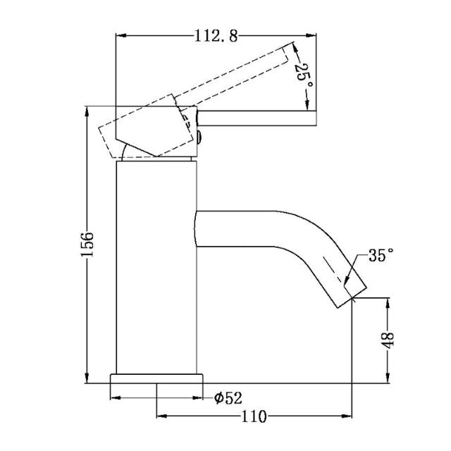 Technical Drawing Nero Dolce Stylish Spout Basin Mixer Matte Black NR250802AMB - The Blue Space