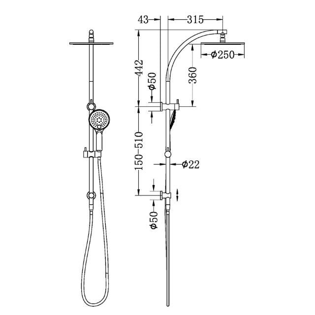 Technical Drawing Nero Dolce Twin Shower Gun Metal NR280705eGM - The Blue Space