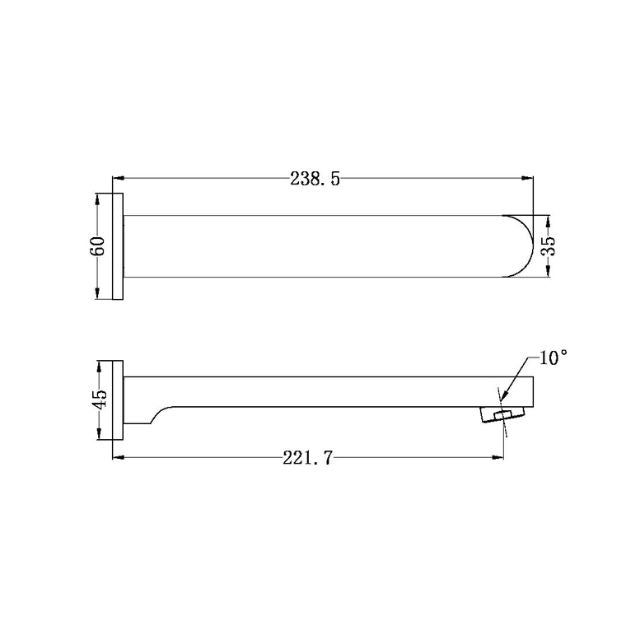 Technical Drawing Nero Ecco Fixed Bath Spout Only Brushed Nickel NR301303BN - The Blue Space