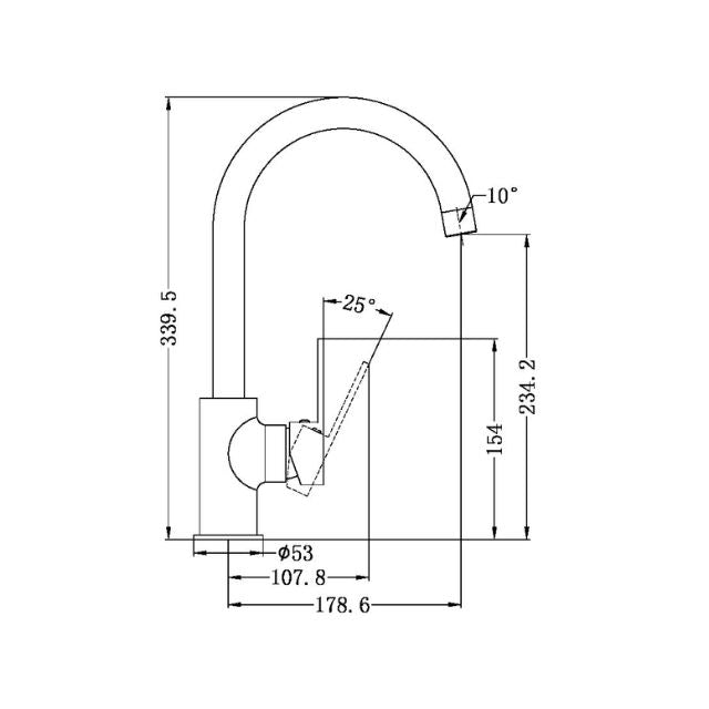 Technical Drawing Nero Ecco Kitchen Mixer Brushed Nickel NR301306BN - The Blue Space