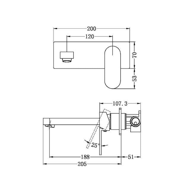 Technical Drawing Nero Ecco Wall Basin/Bath Mixer Brushed Nickel NR301310aBN - The Blue Space