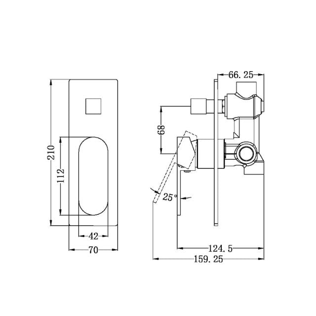 Technical Drawing Nero Ecco Shower Mixer With Divertor Brushed Nickel NR301311ABN - The Blue Space