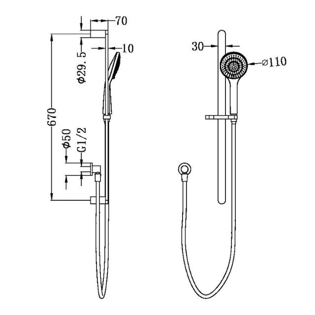 Technical Drawing Nero Ecco Shower Rail With Air Shower Matte Black NR30802MB - The Blue Space