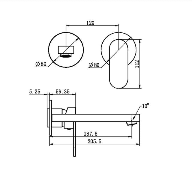 Technical Drawing Nero Ecco Wall Basin/Bath Mixer Separate Back Plate Brushed Nickel NR301310bBN - The Blue Space