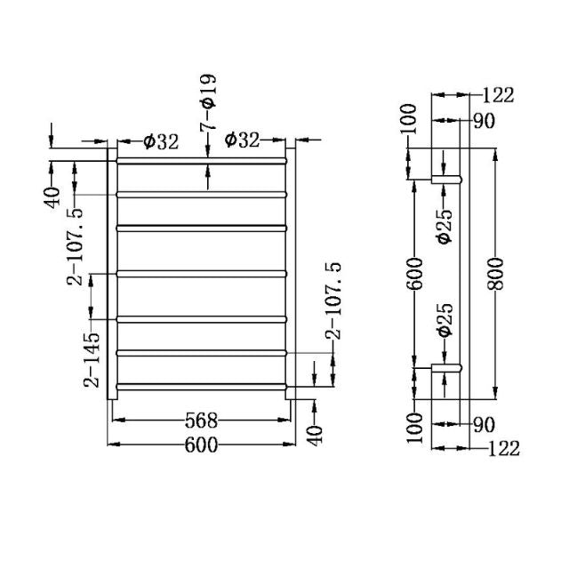 Technical Drawing Nero Heated Towel Ladder Graphite NR190002HGR - The Blue Space