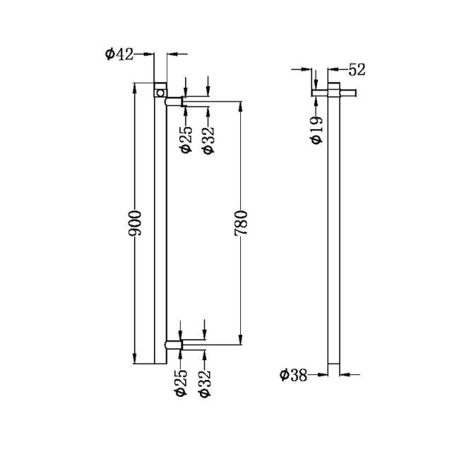 Technical Drawing Nero Heated Vertical Towel Rail Brushed Bronze NRV900HBZ - The Blue Space