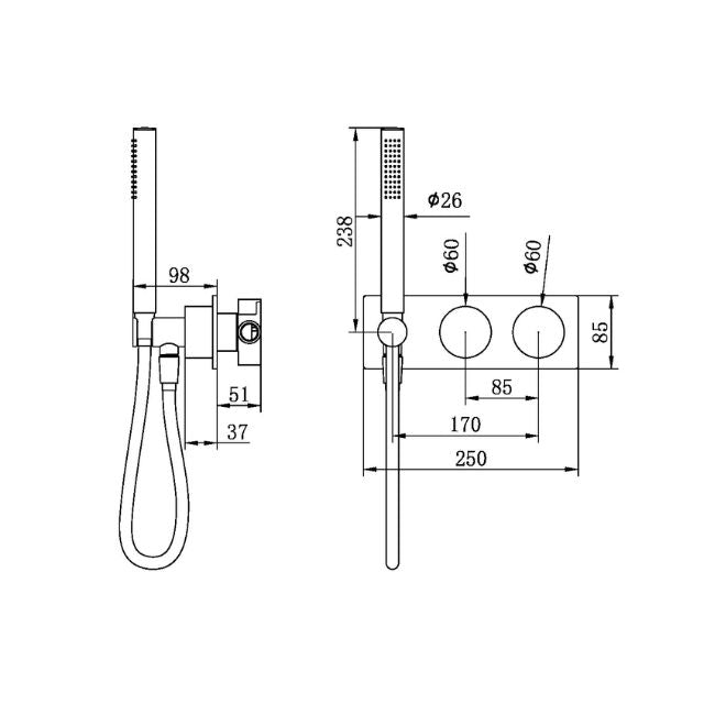 Technical Drawing Nero Kara Progressive Shower System Brushed Nickel NR271903CBN - The Blue Space