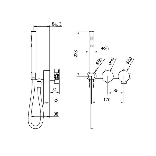 Technical Drawing Nero Kara Progressive Shower System Separate Plate Gun Metal NR271903DGM - The Blue Space