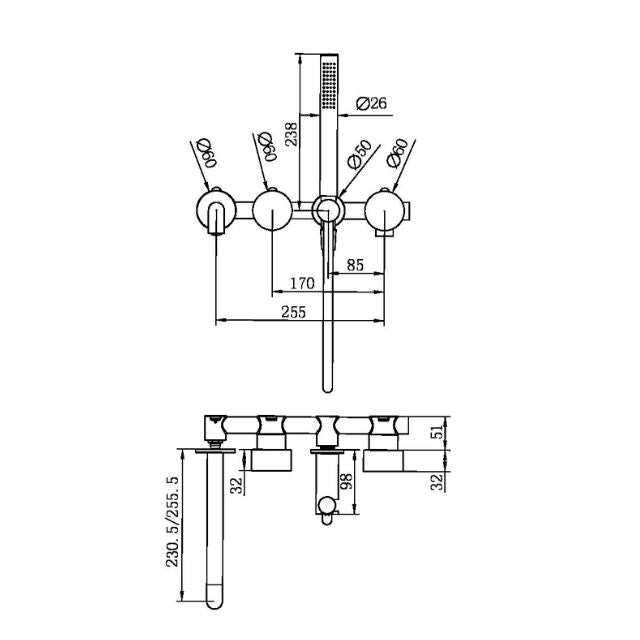 Technical Drawing Nero Kara Progressive Shower System Separate Plate With Spout 230mm Brushed Bronze NR271903B230BZ - The Blue Space