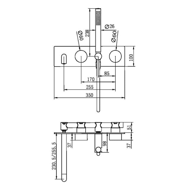 Technical Drawing Nero Kara Progressive Shower System With Spout 250mm Brushed Gold NR271903A250BG - The Blue Space