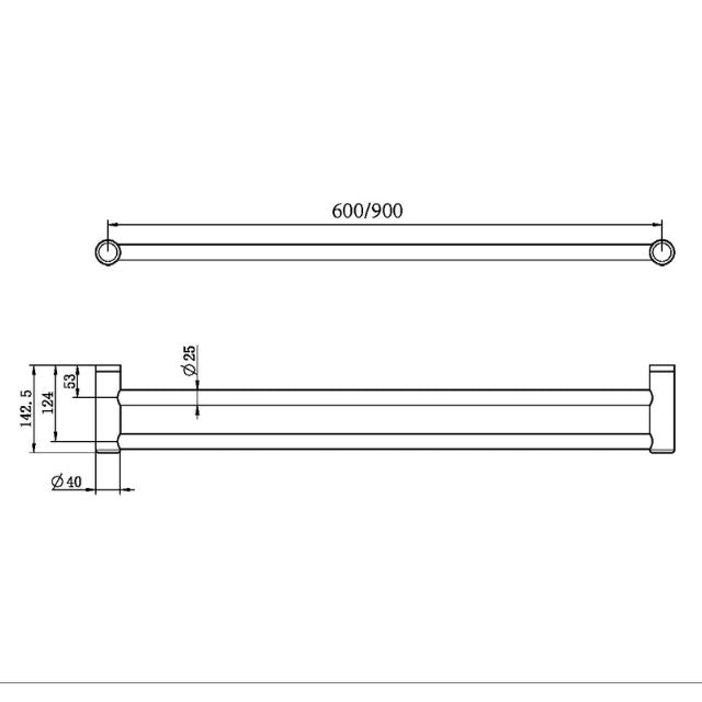 Technical Drawing Nero Mecca Care 25mm Double Towel Grab Rail 600mm Brushed Bronze NRCR2524DBZ - The Blue Space