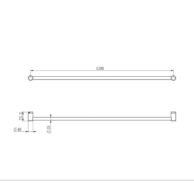 Technical Drawing Nero Mecca Care 25mm Grab Rail 1200mm Brushed Bronze NRCR2548BZ - The Blue Space