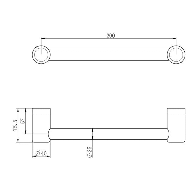 Technical Drawing Nero Mecca Care 25mm Grab Rail 300mm Brushed Bronze NRCR2512BZ - The Blue Space