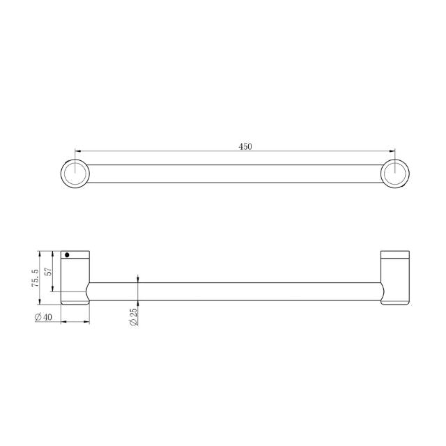 Technical Drawing Nero Mecca Care 25mm Grab Rail 450mm Brushed Bronze NRCR2518BZ - The Blue Space