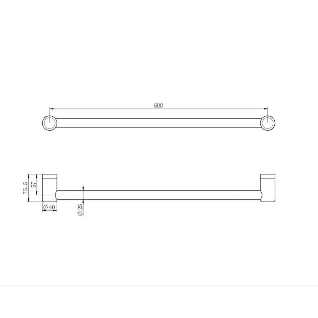 Technical Drawing Nero Mecca Care 25mm Grab Rail 600mm Brushed Bronze NRCR2524BZ - The Blue Space