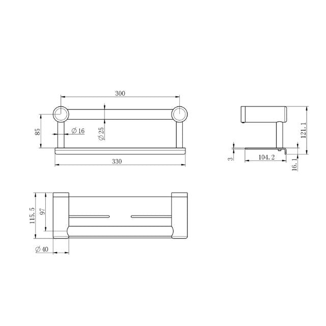 Technical Drawing Nero Mecca Care 25mm Grab Rail With Shelf 300mm Brushed Bronze NRCR2512CBZ - The Blue Space