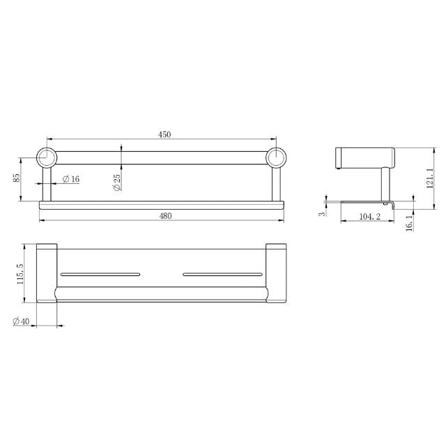 Technical Drawing Nero Mecca Care 25mm Grab Rail With Shelf 450mm Brushed Bronze NRCR2518CBZ - The Blue Space