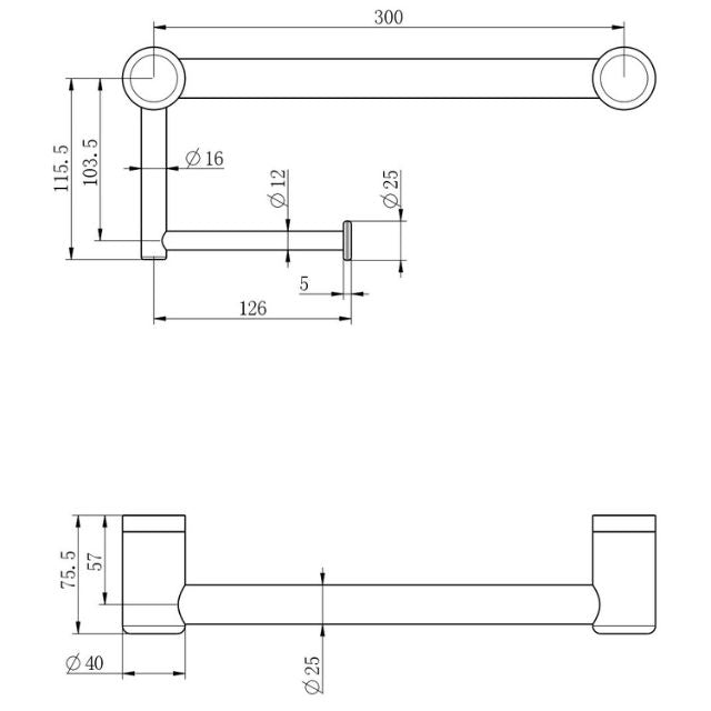 Technical Drawing Nero Mecca Care 25mm Toilet Roll Rail 300mm Chrome NRCR2512ACH - The Blue Space