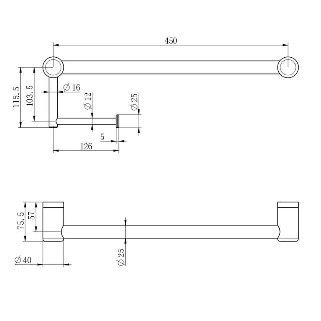 Technical Drawing Nero Mecca Care 25mm Toilet Roll Rail 450mm Brushed Bronze NRCR2518ABZ - The Blue Space