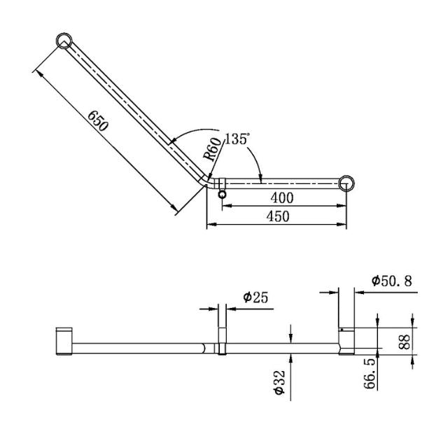 Technical Drawing Nero Mecca Care 32mm Ambulant 45 Degree Bent Tube Grab Rail 450x650mm Brushed Bronze NRCR3245DBZ - The Blue Space