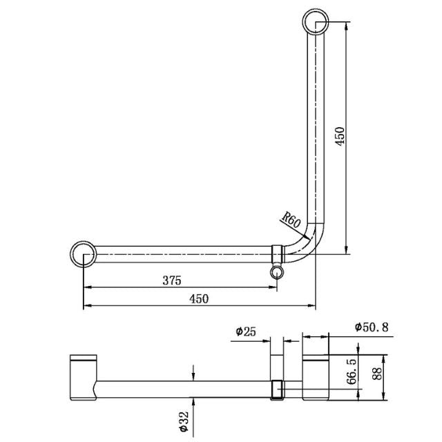 Technical Drawing Nero Mecca Care 32mm Ambulant 90 Degree Bent Tube 450x450mm Brushed Bronze NRCR3290DBZ - The Blue Space