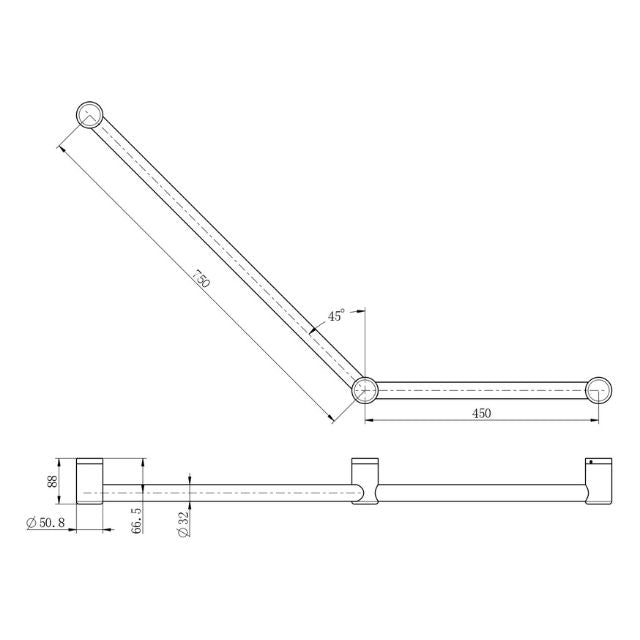 Technical Drawing Nero Mecca Care 32mm Ambulant Toilet Grab Rail 45 Degree 750x450mm Brushed Bronze NRCR3245ABZ - The Blue Space