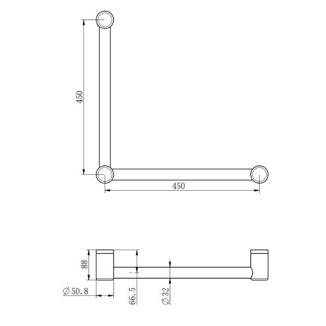 Technical Drawing Nero Mecca Care 32mm Ambulant Toilet Grab Rail 90 Degree 450x450mm Brushed Gold NRCR3290ABG - The Blue Space