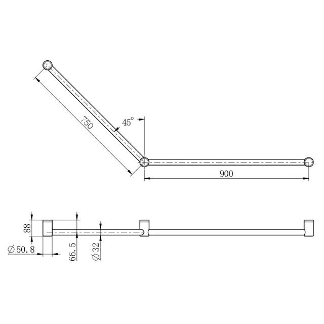 Technical Drawing Nero Mecca Care 32mm DDA Grab Rail Set 45 Degree 750x900mm Chrome NRCR3245CH - The Blue Space