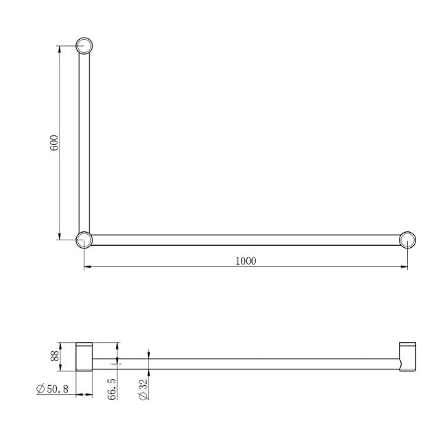 Technical Drawing Nero Mecca Care 32mm DDA Grab Rail Set 90 Degree 600x1000mm Brushed Bronze NRCR3290BZ - The Blue Space