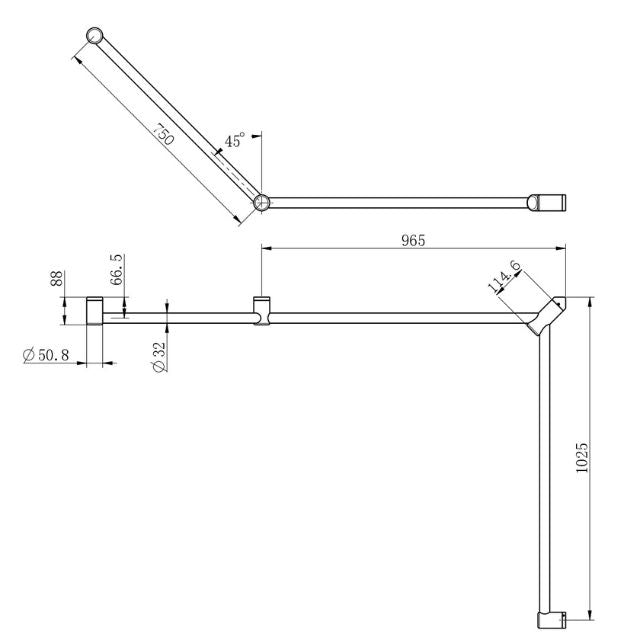 Technical Drawing Nero Mecca Care 32mm DDA Toilet Grab Rail Set 45 Degree Continuous 750x965x1025mm Brushed Bronze NRCR3245cBZ - The Blue Space