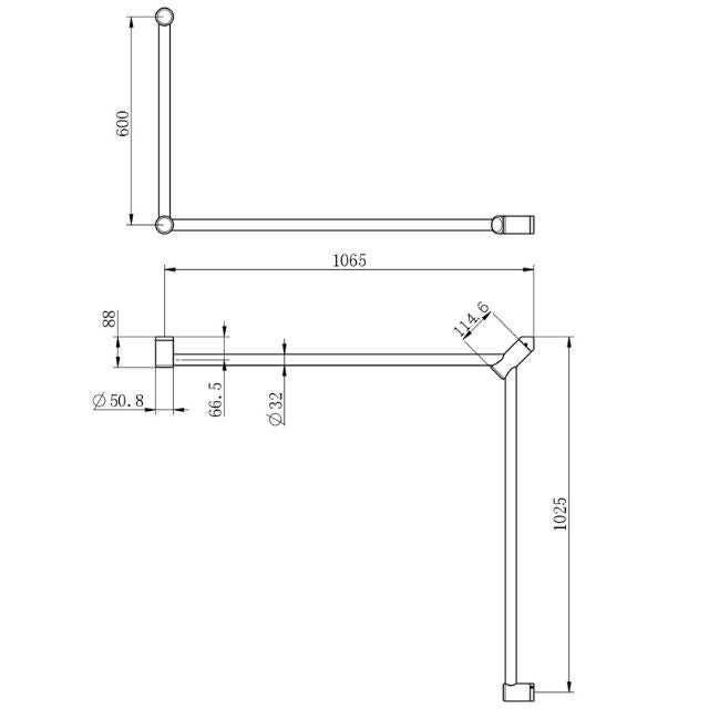 Technical Drawing Nero Mecca Care 32mm DDA Toilet Grab Rail Set 90 Degree Continuous 600x1065x1025mm Brushed Gold NRCR3290cBG - The Blue Space